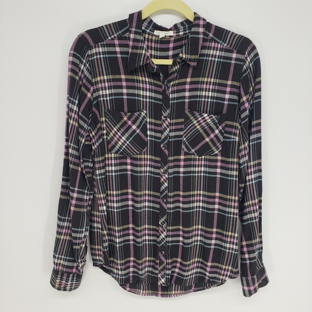 Maurices Plaid Button Down Shirt Women Large Black Pink Rayon Long Sleeve Top